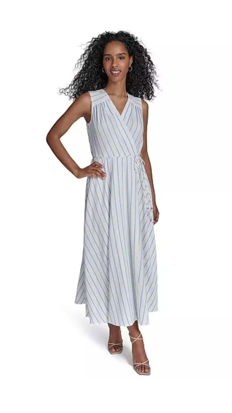 Calvin Klein Striped Faux Wrap Maxi Dress Size 8 EUC Nautical Coastal Sleeveless